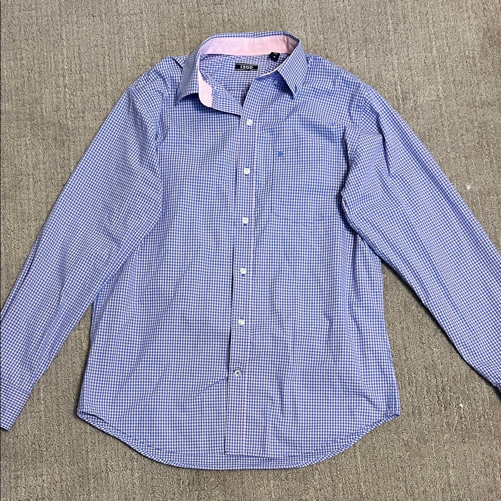 Izod Men's Medium Blue and Pink Checkered Shirt